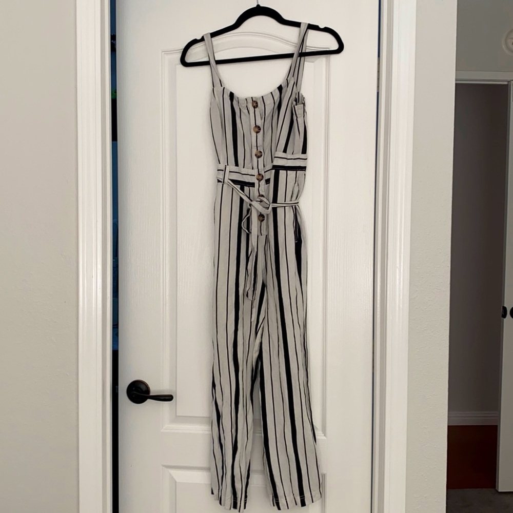 black and white striped jumpsuit from Loft.